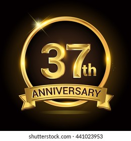 37th golden anniversary logo, with shiny ring and ribbon, laurel wreath isolated on black background, vector design