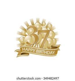 37th golden happy birthday logo with balloons and burst of light