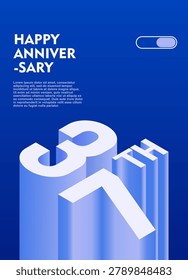 37th Modern anniversary poster template featuring a bold 3d isometric number on a vibrant blue background.