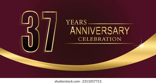 37th Year anniversary celebration background. Golden lettering and a gold ribbon on dark background,vector design for celebration, invitation card, and greeting card.