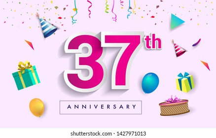 37th Years Anniversary Celebration Design, with gift box and balloons, ribbon, Colorful Vector template elements for your birthday celebrating party.