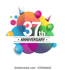 37th years anniversary logo, vector design birthday celebration with colorful geometric, Circles and balloons isolated on white background.