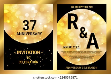 37th years birthday vector black paper luxury invitation double card. Wedding anniversary celebration brochure. Template of invitational for print black and gold background