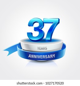 37th years blue anniversary logo celebration with ring and ribbon.