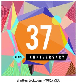 37th years greeting card anniversary with colorful number and frame. logo and icon with Memphis style cover and design template