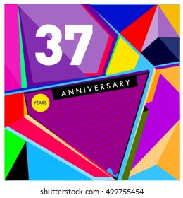 37th years greeting card anniversary with colorful number and frame. logo and icon with Memphis style cover and design template