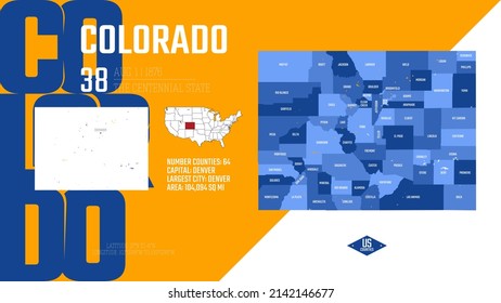 38 of 50 states of the United States, divided into counties with territory nicknames, Detailed vector Colorado Map with name and date admitted to the Union, travel poster and postcard