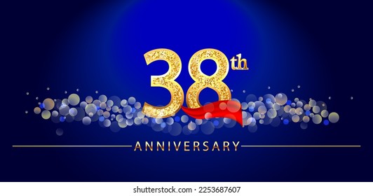 38 anniversary celebration. 38th anniversary celebration. 38 year anniversary celebration logo with glitter, confetti, red ribbon and blue background.