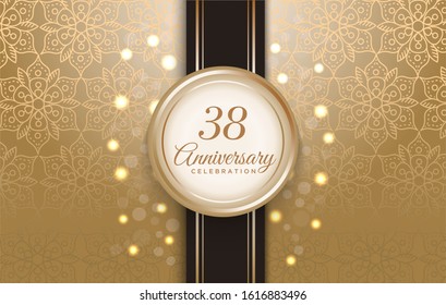 38 Anniversary celebration with luxury golden circle frame on the ribbon and pattern background.
