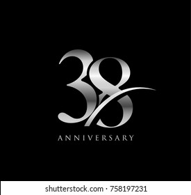 38 anniversary elegance silver logo. linked number with swoosh on black background