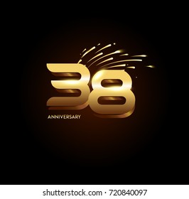 38 Anniversary with fireworks and shiny gold on dark background.Greeting card, banner, poster