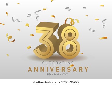 38 Anniversary gold numbers with golden confetti. Celebration 38th anniversary event party template.