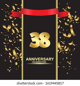 38 anniversary logo with confetti golden colored and red ribbon isolated on black background, vector design for greeting card and invitation card