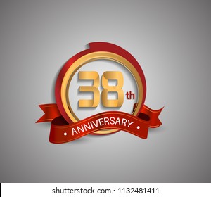 38 anniversary logotype elegant circle golden and red color red ribbon isolated on white background for use company celebration event