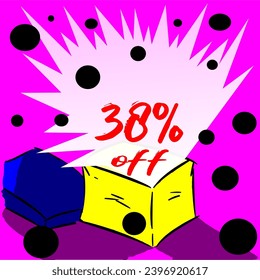 38% box releasing discount for sale, illustration, yellow, blue, purple, white, red and black