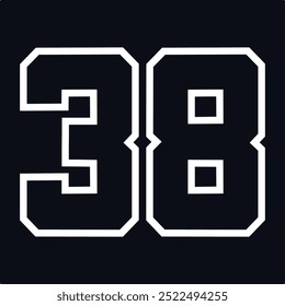 38 Clássico Vintage Sport Jersey Números uniformes em preto com um número de linha de contorno externo preto em fundo branco para futebol americano, beisebol e basquete ou futebol para camisa
