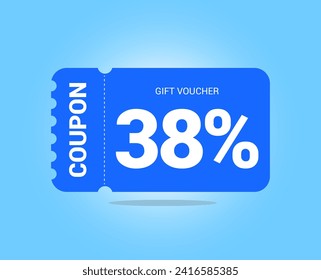 38% coupon promotion sale. Thirty eight percent Vector Gift Voucher. Blue discount, lucky ticket, special offer promo. Web, shopping label, percent sign. Special price offers.