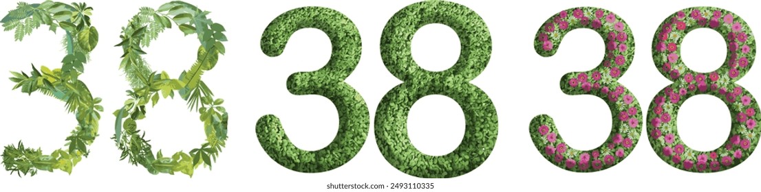 38, design made from green grass, leaves and flower, .suitable for birthday, anniversary and memorial day templates, go green concept	
