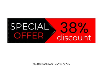 38% desconto banner. Banner preto e vermelho. Marca de oferta. Promoções de compras, vendas comerciais. Design vetorial. Trinta e oito por cento de desconto.