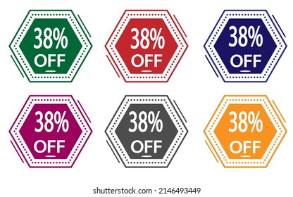38% discount on colored label. special offer icon for stores green, red, blue, pink, gray and orange.