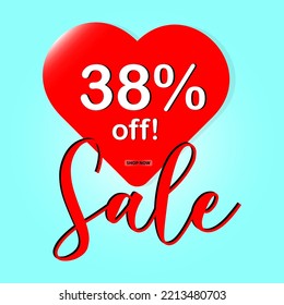 38% discount sale banner. red heart on a light blue background. Poster or banner with love heart.