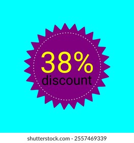 38% discount tag. Purple and yellow label. Store promotions, online commerce sales. Thirty eight percent off.