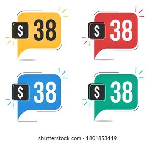 38 dollar price. Yellow, red, blue and green currency tags with speech balloon concept vector.