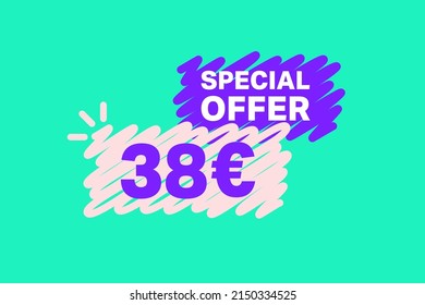 38 Euro OFF Sale Discount banner shape template. Super Sale Euro 38 Special offer badge end of the season sale coupon bubble icon. Modern concept design. Discount offer price tag vector illustration.