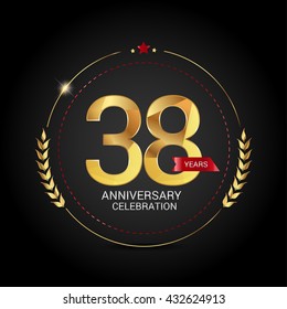 38 golden anniversary logo with red ribbon, low poly design number