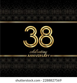 38 Golden Double Line Number. Anniversary invitation cover with glitter separated by golden double lines on a black background