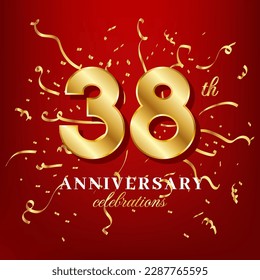 38 golden numbers and anniversary celebrating text with golden confetti spread on a red background