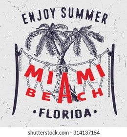 38 Miami Beach Enjoy Summer Florida. Handmade Palms trees retro style. Design fashion apparel textured print. T shirt graphic vintage grunge vector illustration badge label logo template. 