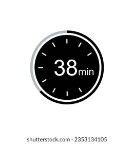 38 minute timer vector icon, 38 min stopwatch symbol.