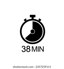 38 minute timer vector icon, 38 min stopwatch symbol.