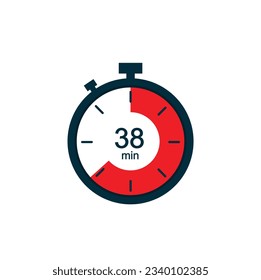 38 minutes, 38 min stopwatch vector icon. Stopwatch icon in flat style on a white background. Vector.