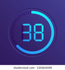 The 38 minutes, stopwatch vector icon, digital timer. Vector digital count down circle board with circle time pie diagram. Watch outline style design, designed for web and app.