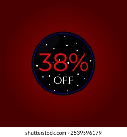 38% de desconto. Preto e vermelho com estrelas. Promoções de compras, Vendas de lojas. Design de vetor de marca. Trinta e oito por cento de desconto.