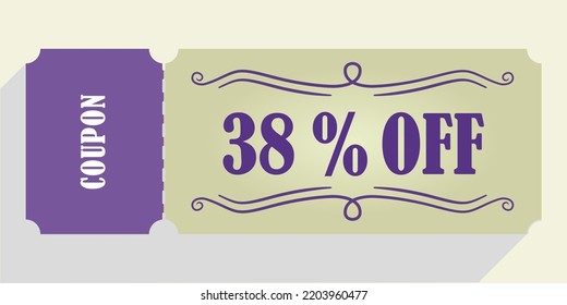 38% off coupon vector. thirty eight percent discount coupon. Purple and beige colors.  Perforated coupon. Drop shadow.