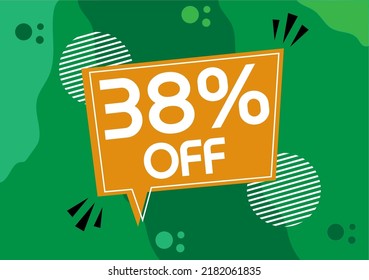 38% Off discount. Banner for promotion and offer with orange balloon on green background.