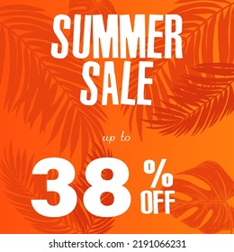 38% de descuento. Una brillante ilustración vectorial de un anuncio de venta de verano con una fuente fantástica y un hermoso fondo naranja con hojas tropicales.