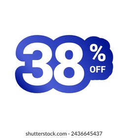 38% off. Discount number of percent sign in white and blue colors. Thirty eight percent of discount. Symbol tag vector badge template. Sale offer price sign.