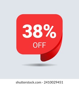 38% off discount, thirty eight  percent chat balloon. Special offer sale red tag. Concept of the price list for discounts. Advertising campaign, sales, label offer. Vector illustration.