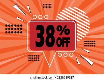 38% off. Orange banner with 38 percent discount on a red and black balloon for mega big sales.