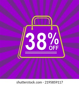 38% off. Purple, white and yellow banner with thirty eight percent discount. Shopping bag concept vector.