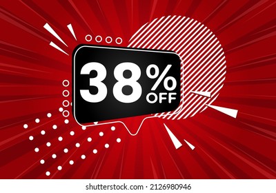 38% off. Red banner with 38 percent discount on a black balloon for mega big sales. 38% sale