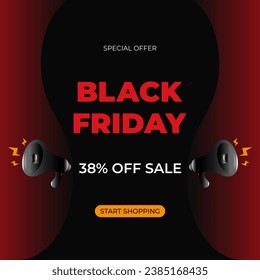 38% off sale Black Friday header with special offer advertising. Thirty eight. Promotional banner with discount and loudspeakers. Vector illustration.