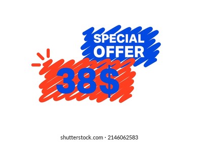 38$ OFF Sale Discount banner shape template. Super Sale 38 Dollar Special offer badge end of the season sale coupon bubble icon. Modern concept design. Discount offer price tag vector illustration.