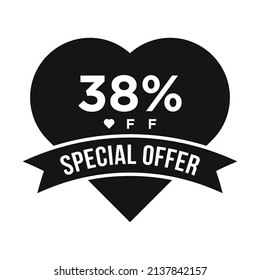 38% OFF Sale Discount Promotion Banner. Special Offer, Event, Valentine Day Sale, Holiday Discount Tag Vector Template