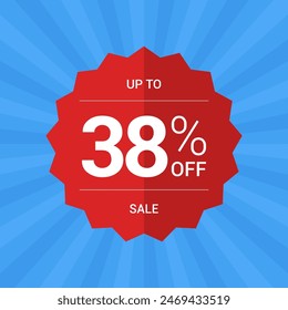 Up to 38% off sale promotion. Thirty eight percent sale tag symbol. Promotion flat vector badge graphic. Red Sticker emblem. Modern design on blue background.