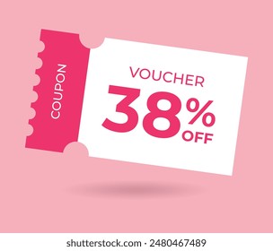 38% off Sale Voucher Coupon. Thirty eight percent promotion illustration. Tag label, sale banner with discount coupon. Pink Vector gift voucher.